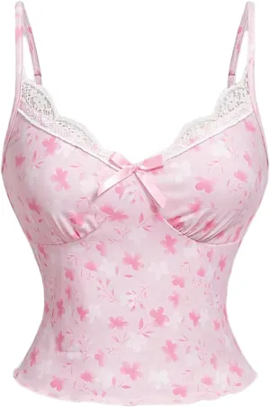 MakeMeChic Women's Floral Lace Crop Tops V Neck Spaghetti Strap Y2k Camisole