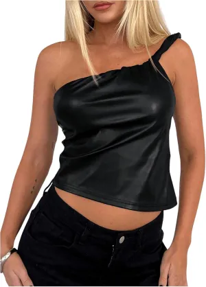 MakeMeChic Women's PU Leather Asymmetrical Neck Ruched Sleeveless Camisole Crop Tops