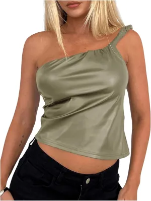 MakeMeChic Women's PU Leather Asymmetrical Neck Ruched Sleeveless Camisole Crop Tops