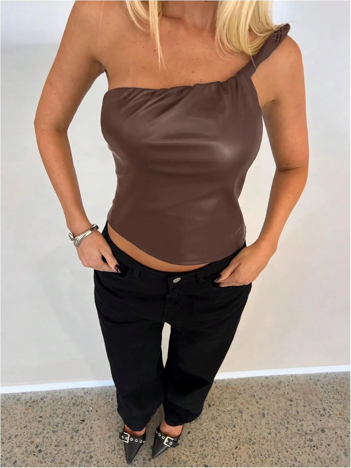 MakeMeChic Women's PU Leather Asymmetrical Neck Ruched Sleeveless Camisole Crop Tops