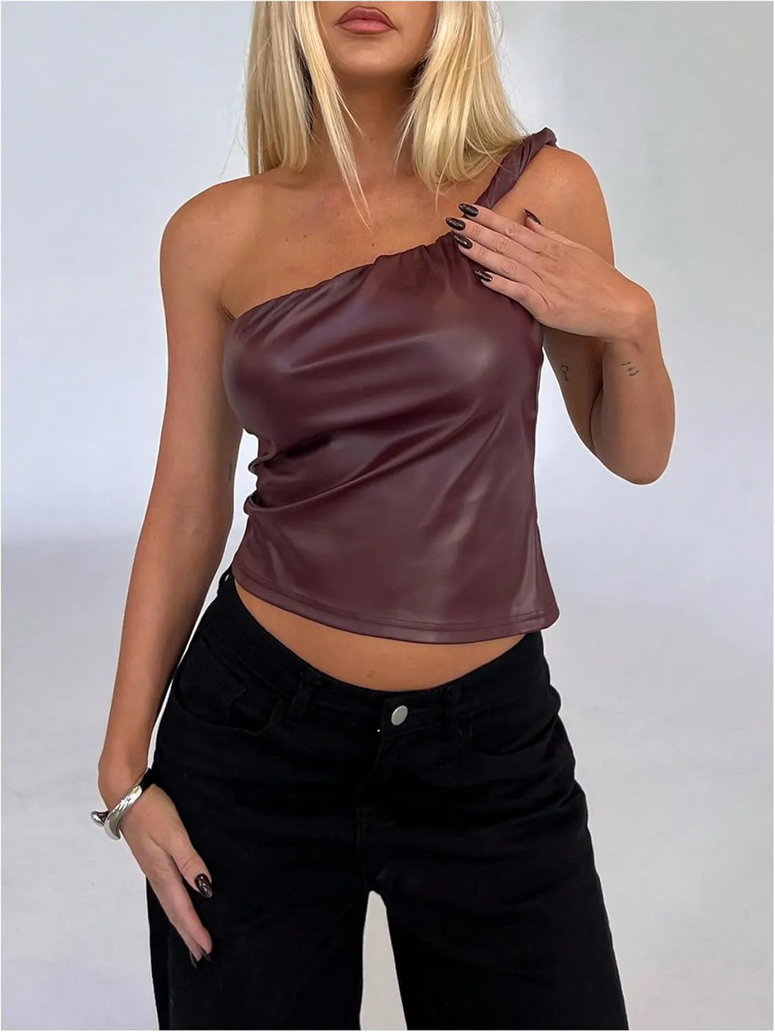 MakeMeChic Women's PU Leather Asymmetrical Neck Ruched Sleeveless Camisole Crop Tops