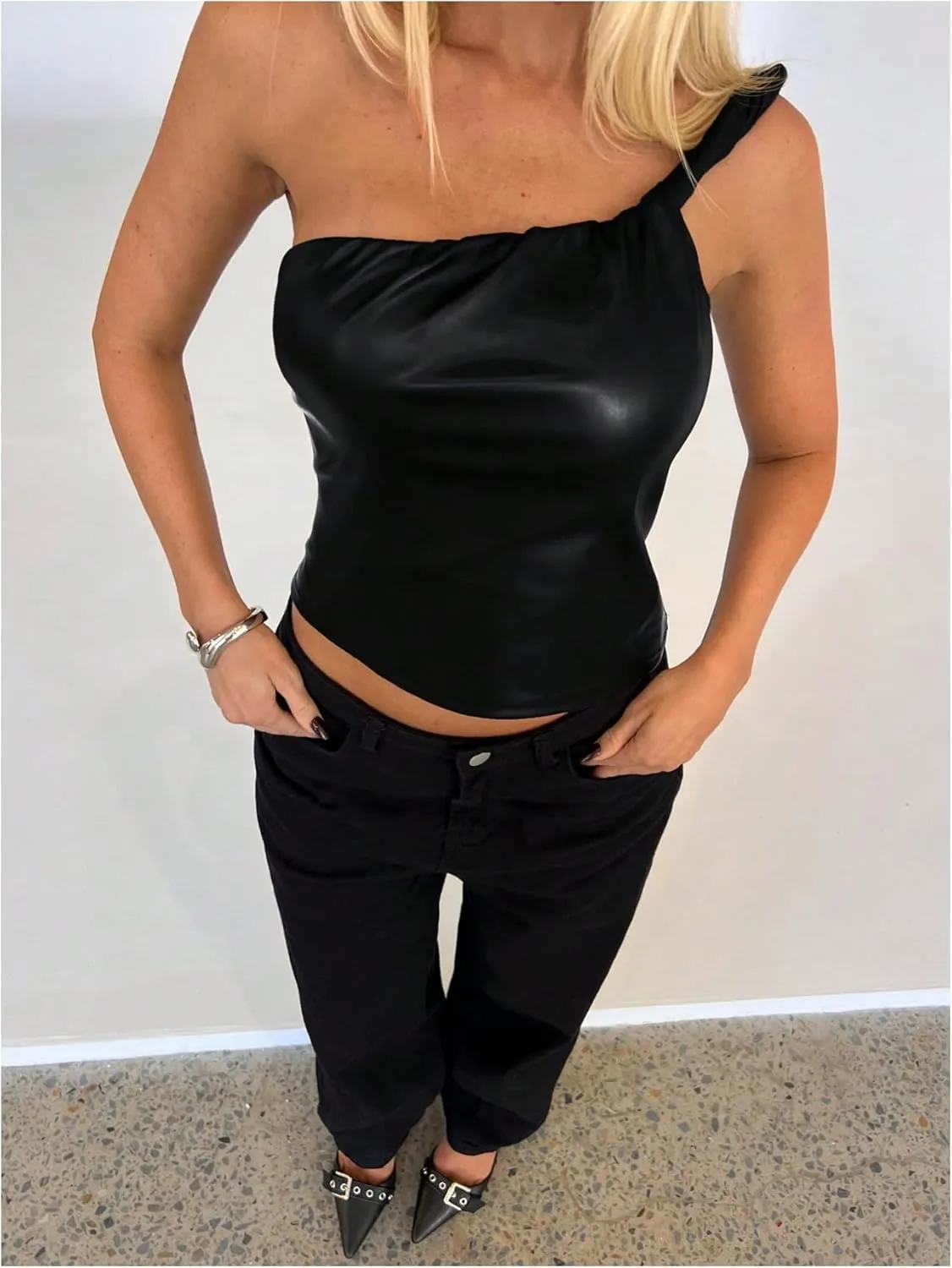 MakeMeChic Women's PU Leather Asymmetrical Neck Ruched Sleeveless Camisole Crop Tops