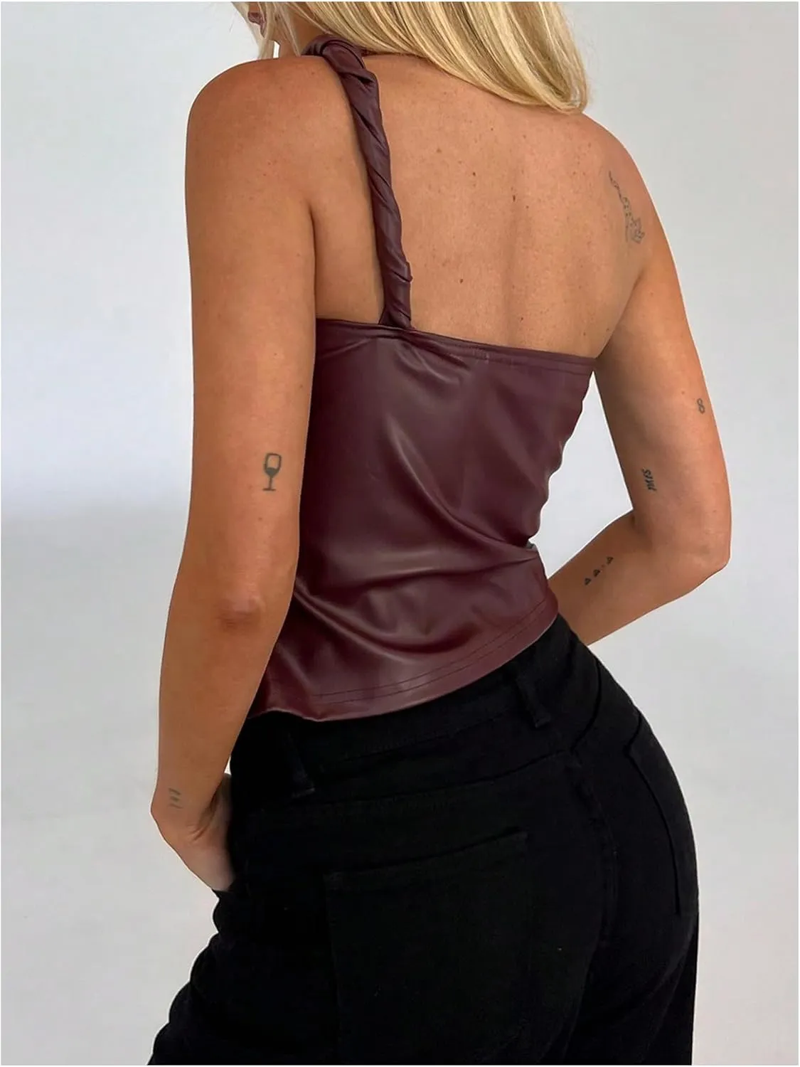 MakeMeChic Women's PU Leather Asymmetrical Neck Ruched Sleeveless Camisole Crop Tops