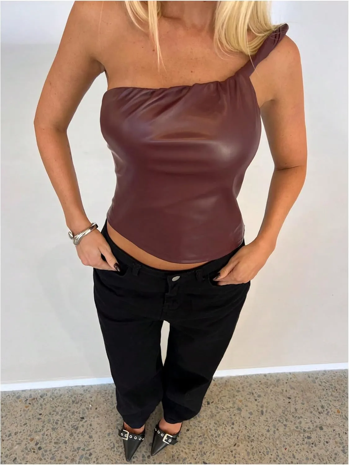 MakeMeChic Women's PU Leather Asymmetrical Neck Ruched Sleeveless Camisole Crop Tops