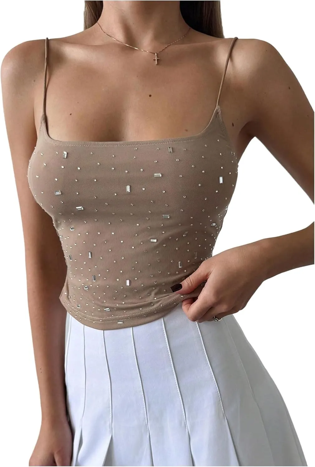 MakeMeChic Women's Rhinestone Glitter Spaghetti Strap Camisole Sleeveless Tank Y2k Crop Tops