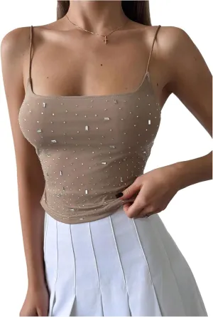 MakeMeChic Women's Rhinestone Glitter Spaghetti Strap Camisole Sleeveless Tank Y2k Crop Tops