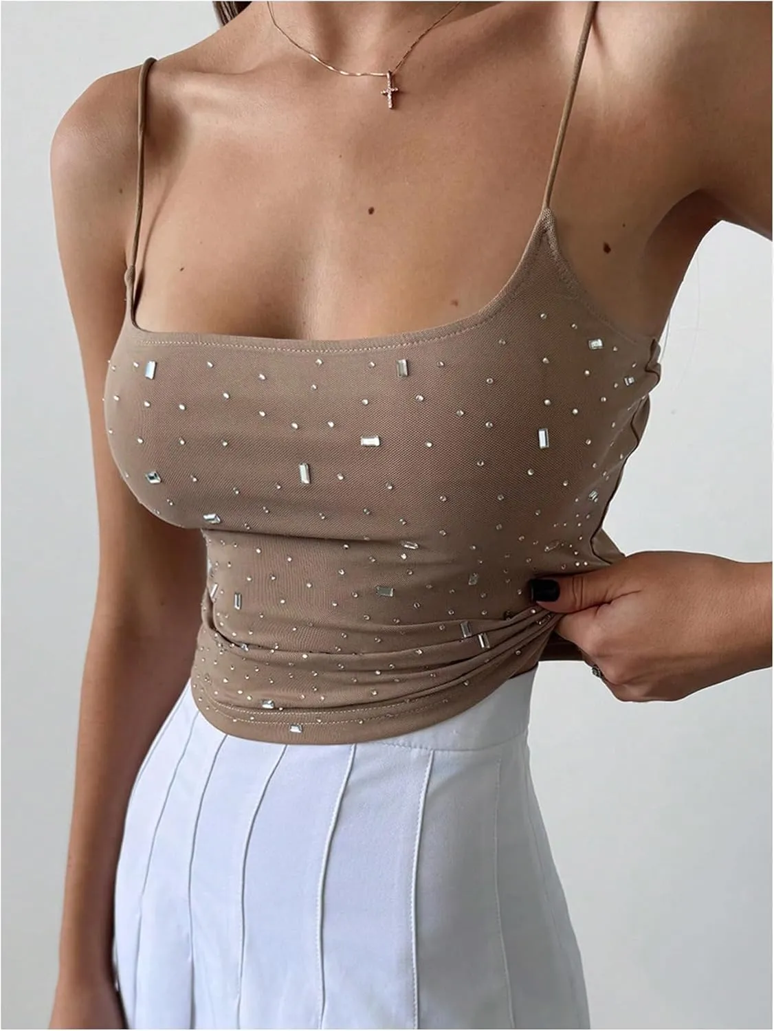 MakeMeChic Women's Rhinestone Glitter Spaghetti Strap Camisole Sleeveless Tank Y2k Crop Tops
