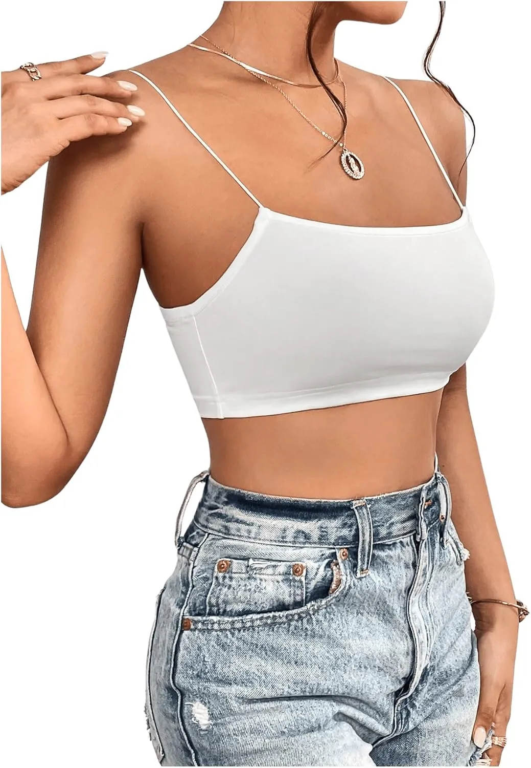 MakeMeChic Women's Spaghetti Strap Bralette Top Slim Fitted Sleeveless Camisole Y2k Crop Tops