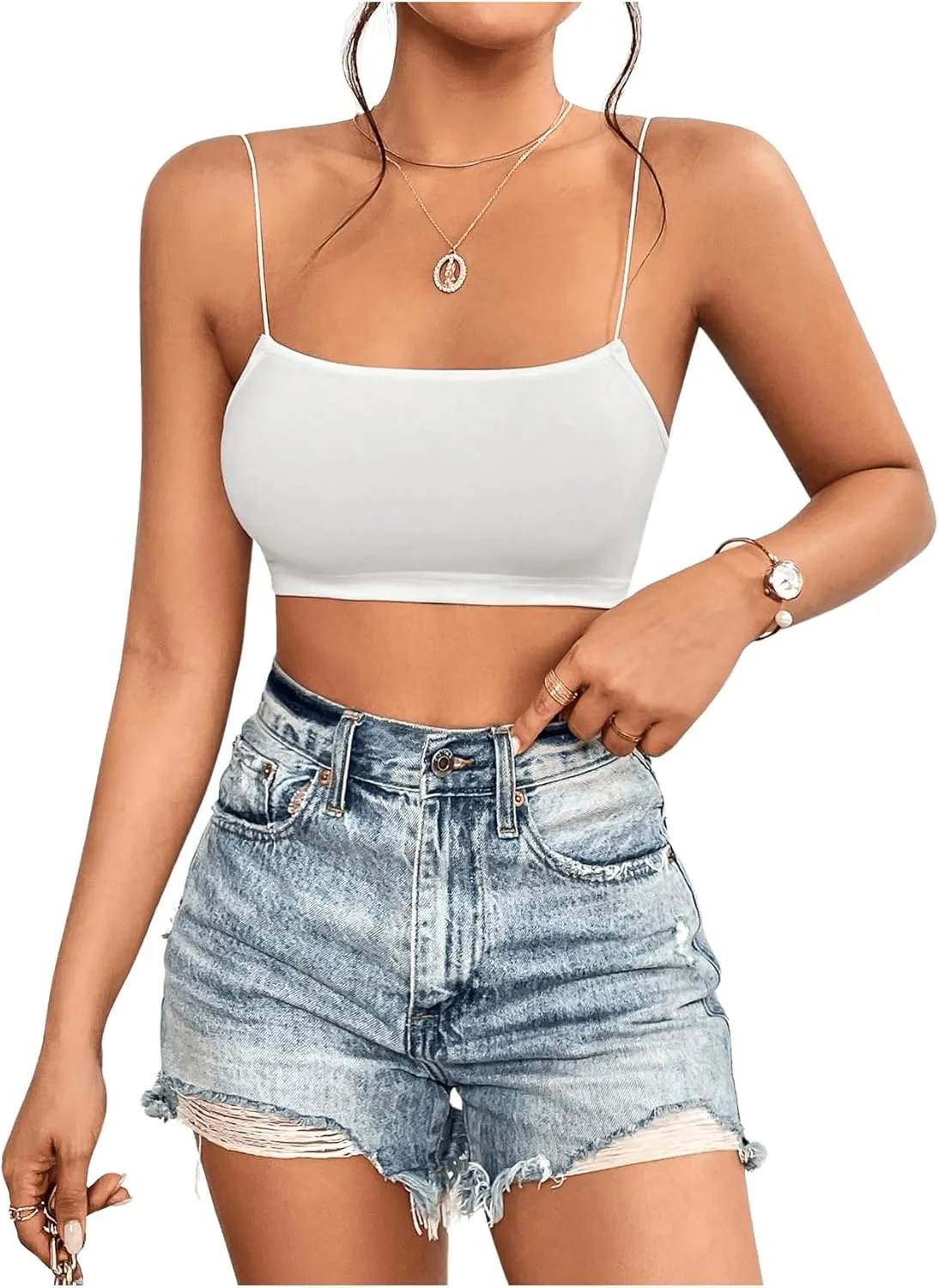 MakeMeChic Women's Spaghetti Strap Bralette Top Slim Fitted Sleeveless Camisole Y2k Crop Tops