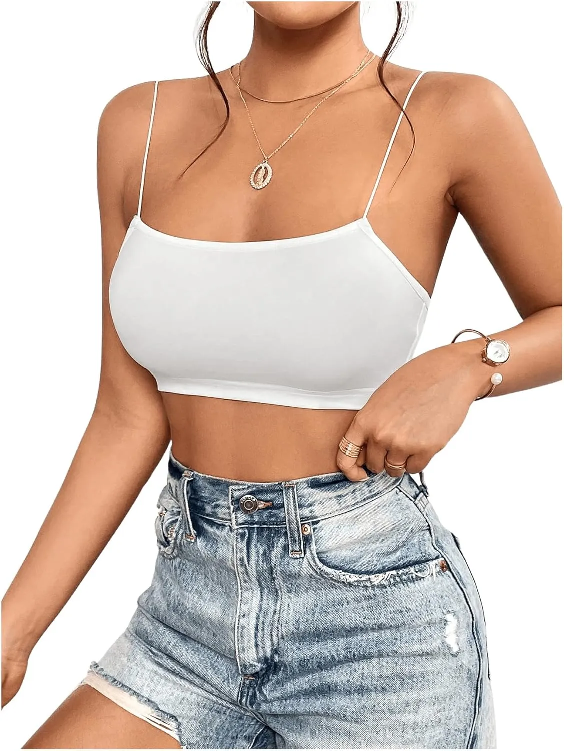 MakeMeChic Women's Spaghetti Strap Bralette Top Slim Fitted Sleeveless Camisole Y2k Crop Tops