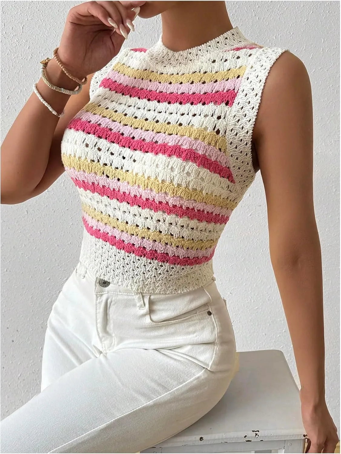 MakeMeChic Women's Striped Crochet Crew Neck Sweater Vest Sleeveless Pullover Crop Tops