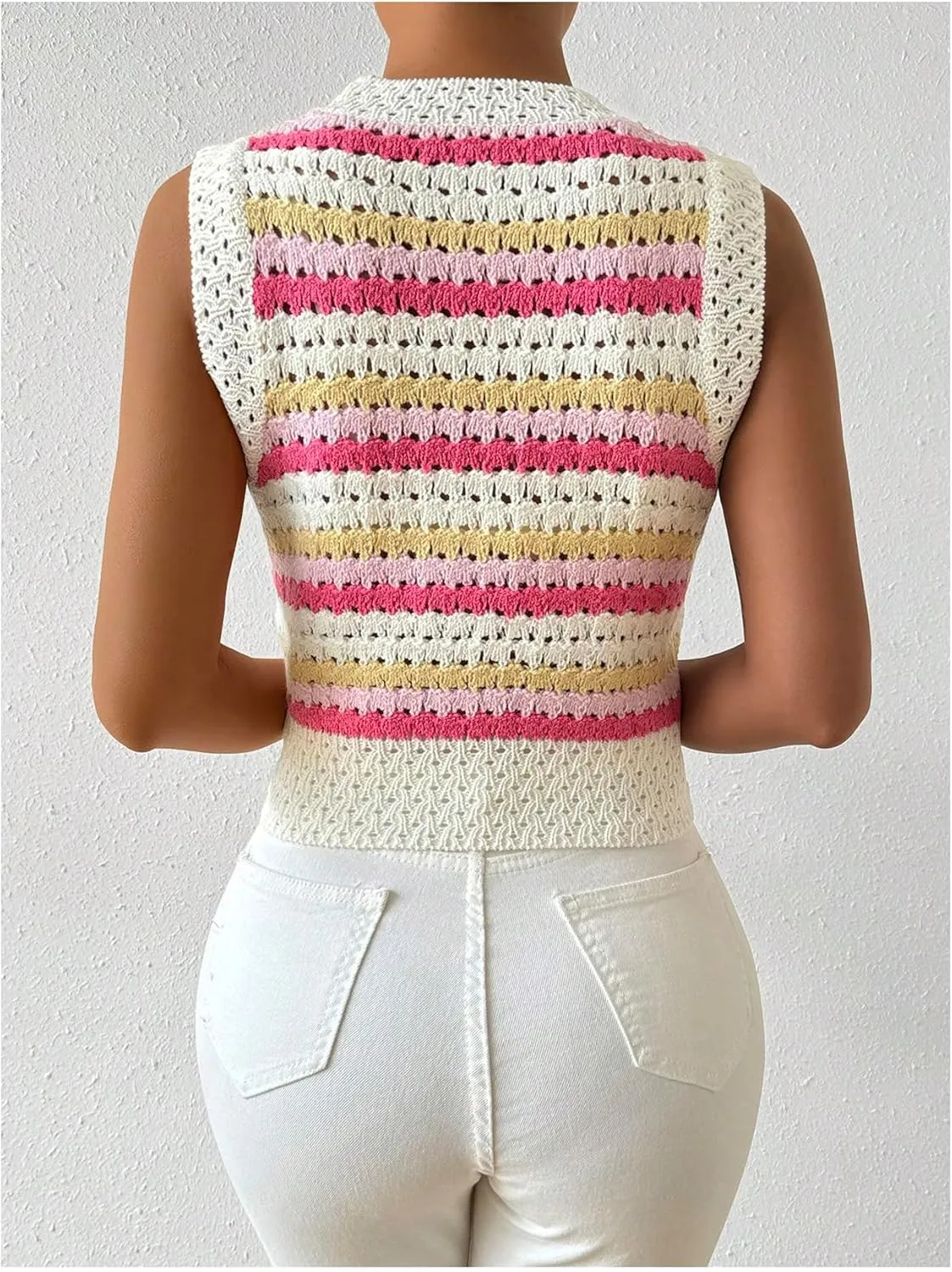 MakeMeChic Women's Striped Crochet Crew Neck Sweater Vest Sleeveless Pullover Crop Tops