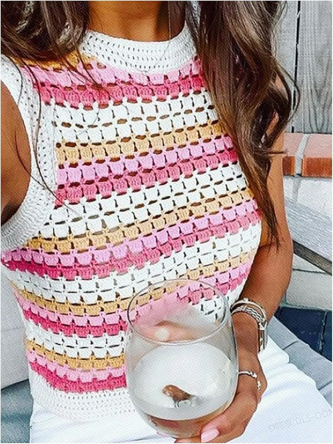 MakeMeChic Women's Striped Crochet Crew Neck Sweater Vest Sleeveless Pullover Crop Tops