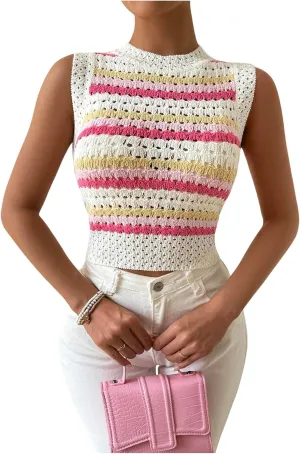 MakeMeChic Women's Striped Crochet Crew Neck Sweater Vest Sleeveless Pullover Crop Tops