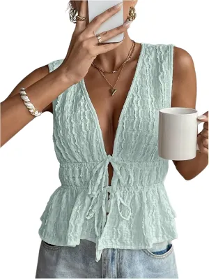 MakeMeChic Women's Tie Front V Neck Tank Top Bow Sleeveless Ruffle Hem Crop Tops
