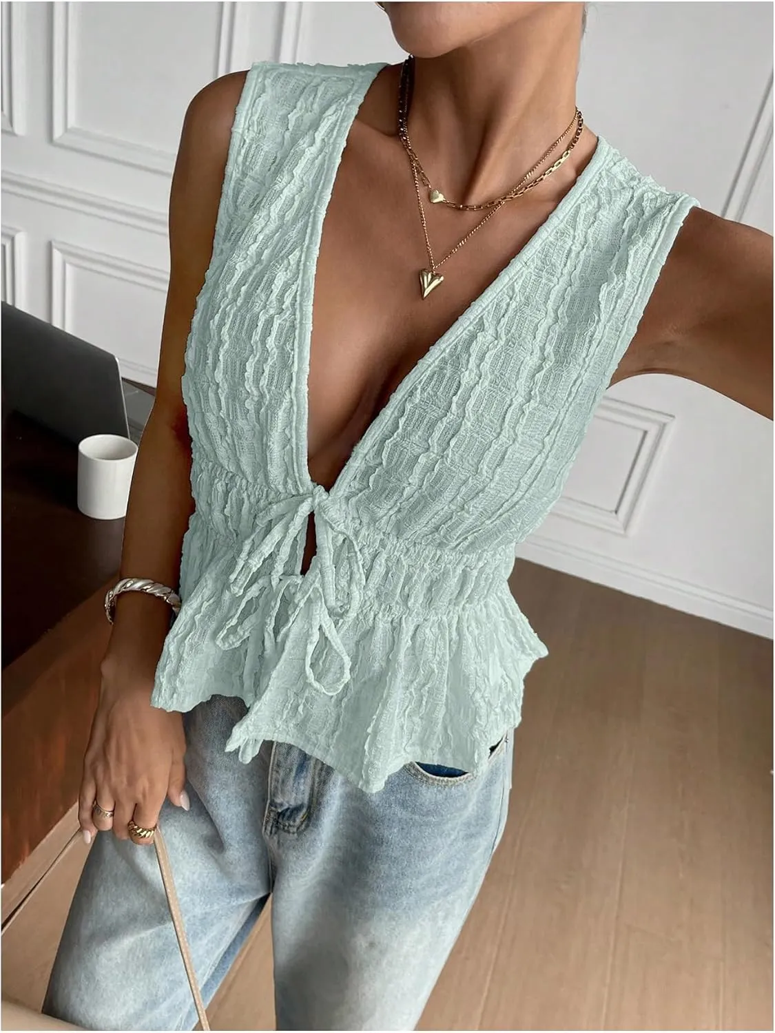 MakeMeChic Women's Tie Front V Neck Tank Top Bow Sleeveless Ruffle Hem Crop Tops