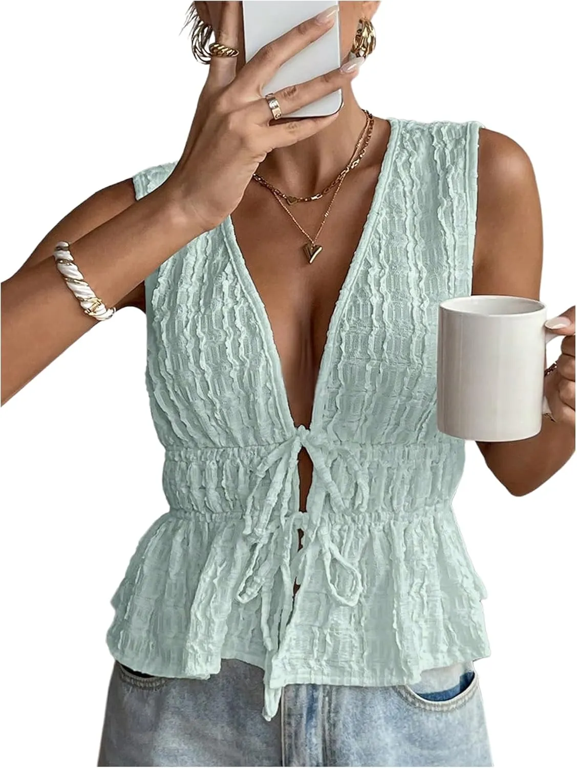 MakeMeChic Women's Tie Front V Neck Tank Top Bow Sleeveless Ruffle Hem Crop Tops