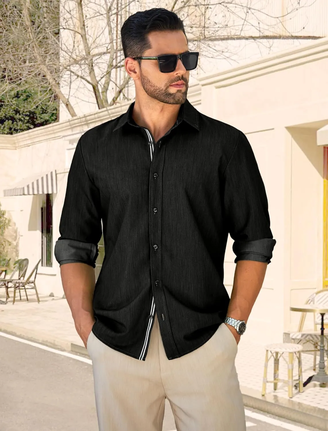 MAPICK Mens Casual Button Down Denim Shirts Long Sleeve Untucked Stretch Wrinkle-Free Dress Shirt