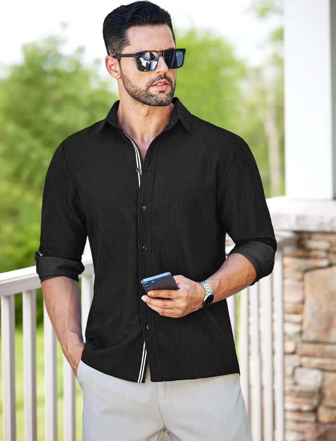 MAPICK Mens Casual Button Down Denim Shirts Long Sleeve Untucked Stretch Wrinkle-Free Dress Shirt