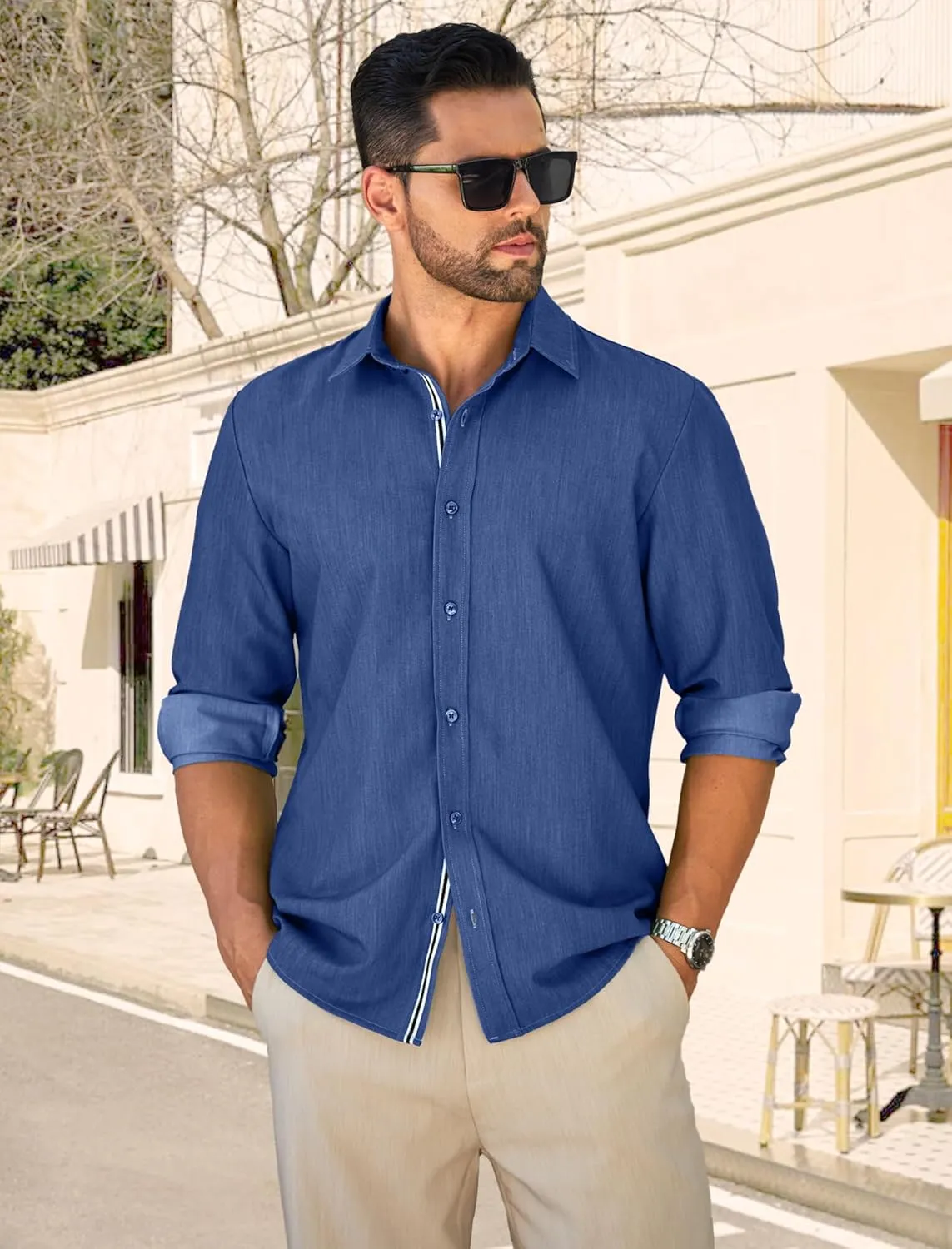 MAPICK Mens Casual Button Down Denim Shirts Long Sleeve Untucked Stretch Wrinkle-Free Dress Shirt