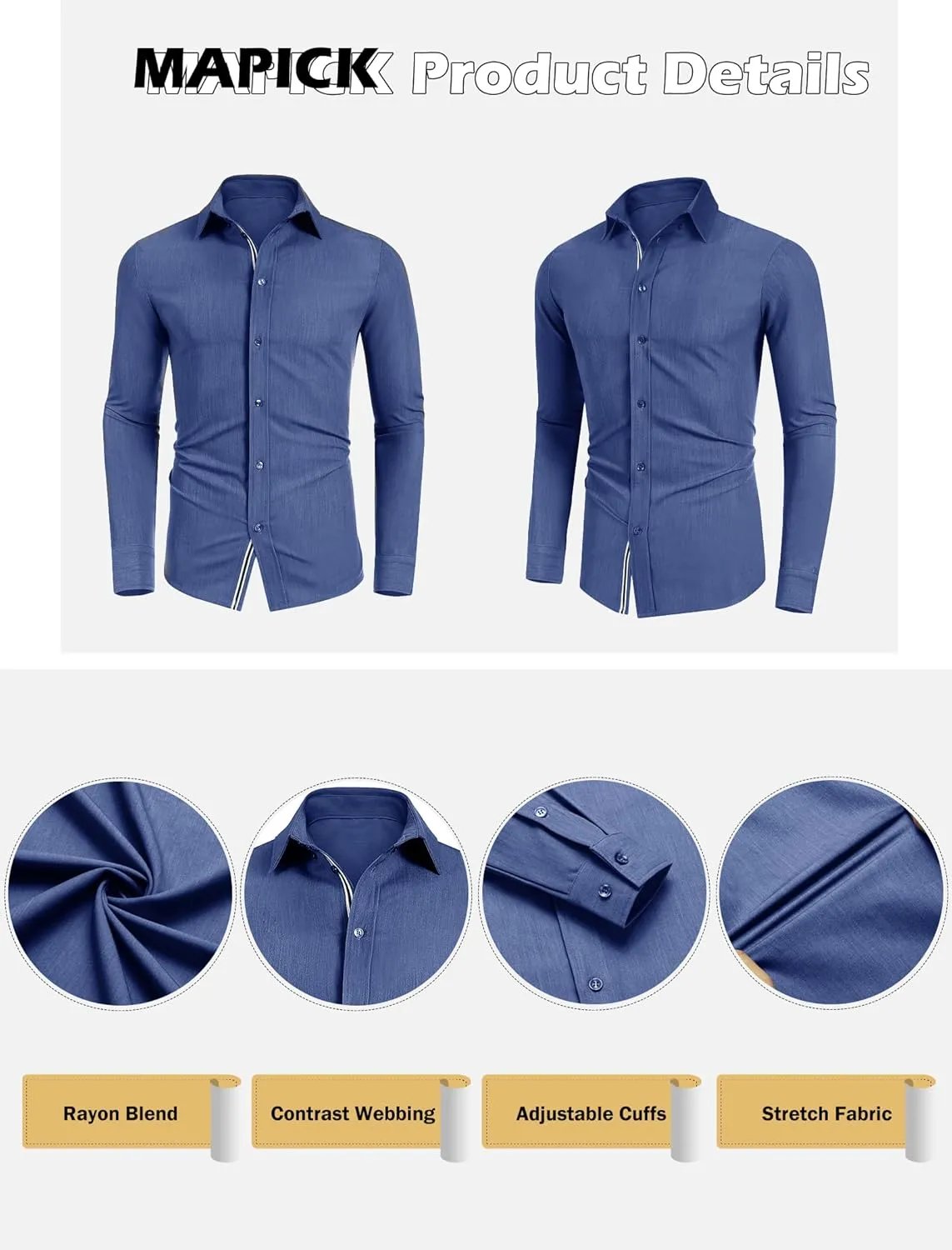 MAPICK Mens Casual Button Down Denim Shirts Long Sleeve Untucked Stretch Wrinkle-Free Dress Shirt