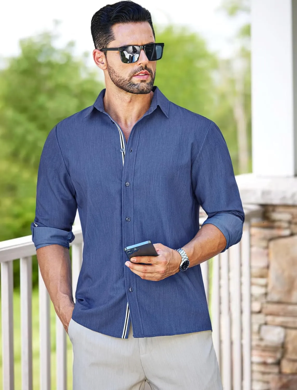 MAPICK Mens Casual Button Down Denim Shirts Long Sleeve Untucked Stretch Wrinkle-Free Dress Shirt