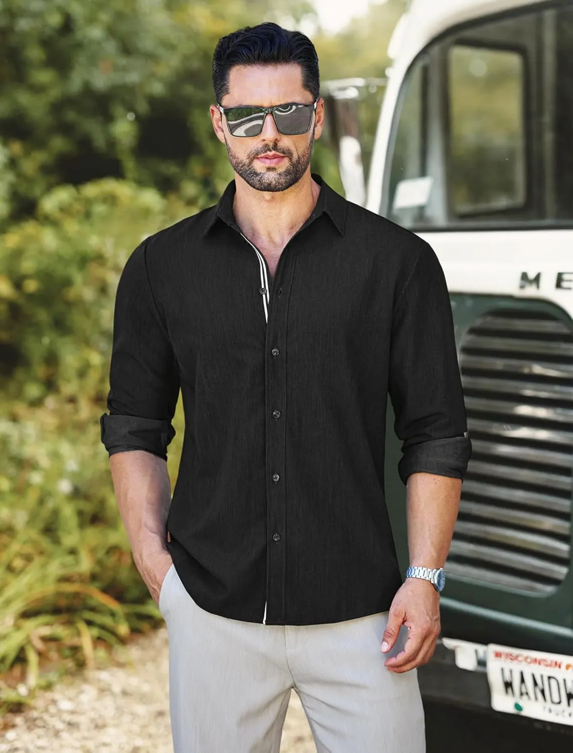 MAPICK Mens Casual Button Down Denim Shirts Long Sleeve Untucked Stretch Wrinkle-Free Dress Shirt