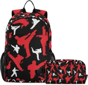 Martial Arts Pattern Backpack Set for Kids Girls Boys Elementary Middle School Bags with Lunch Bag