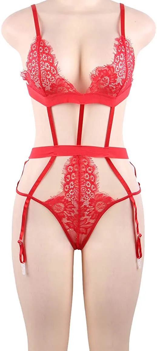 marysgift Women Lace Plus Size Lingerie Set with Suspender Belts Strap Babydoll V Neck Bodysuit for Women UK 6 8 10 12 14 16 18 20