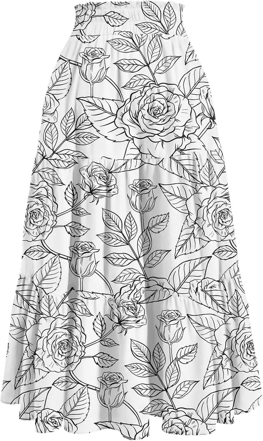 Maxi Long Skirts for Women Summer Floral Tiered A Line Pleated Swing Skirts Boho Flowy Renaissance Vacation Skirt