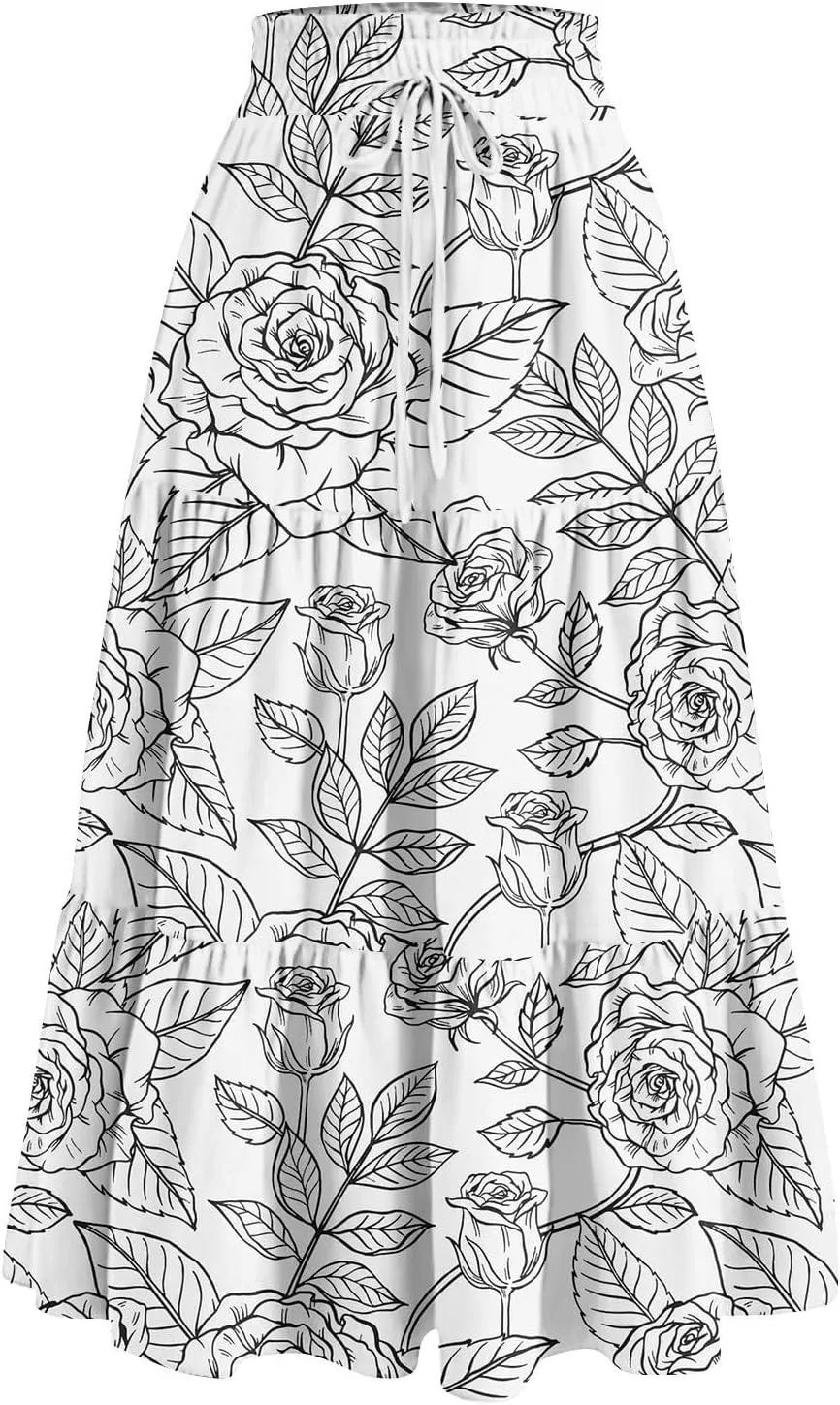 Maxi Long Skirts for Women Summer Floral Tiered A Line Pleated Swing Skirts Boho Flowy Renaissance Vacation Skirt