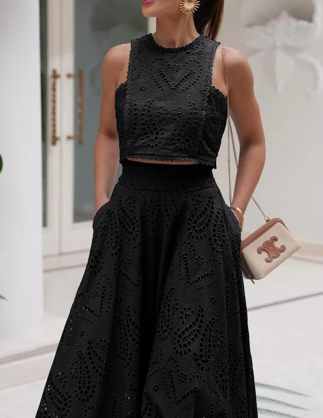 Melliflo Women's Summer 2 Piece Outfits Tank Crop Tops Long Skirt Set Sleeveless Maxi Dress with Pocket Nightclub Party Dress