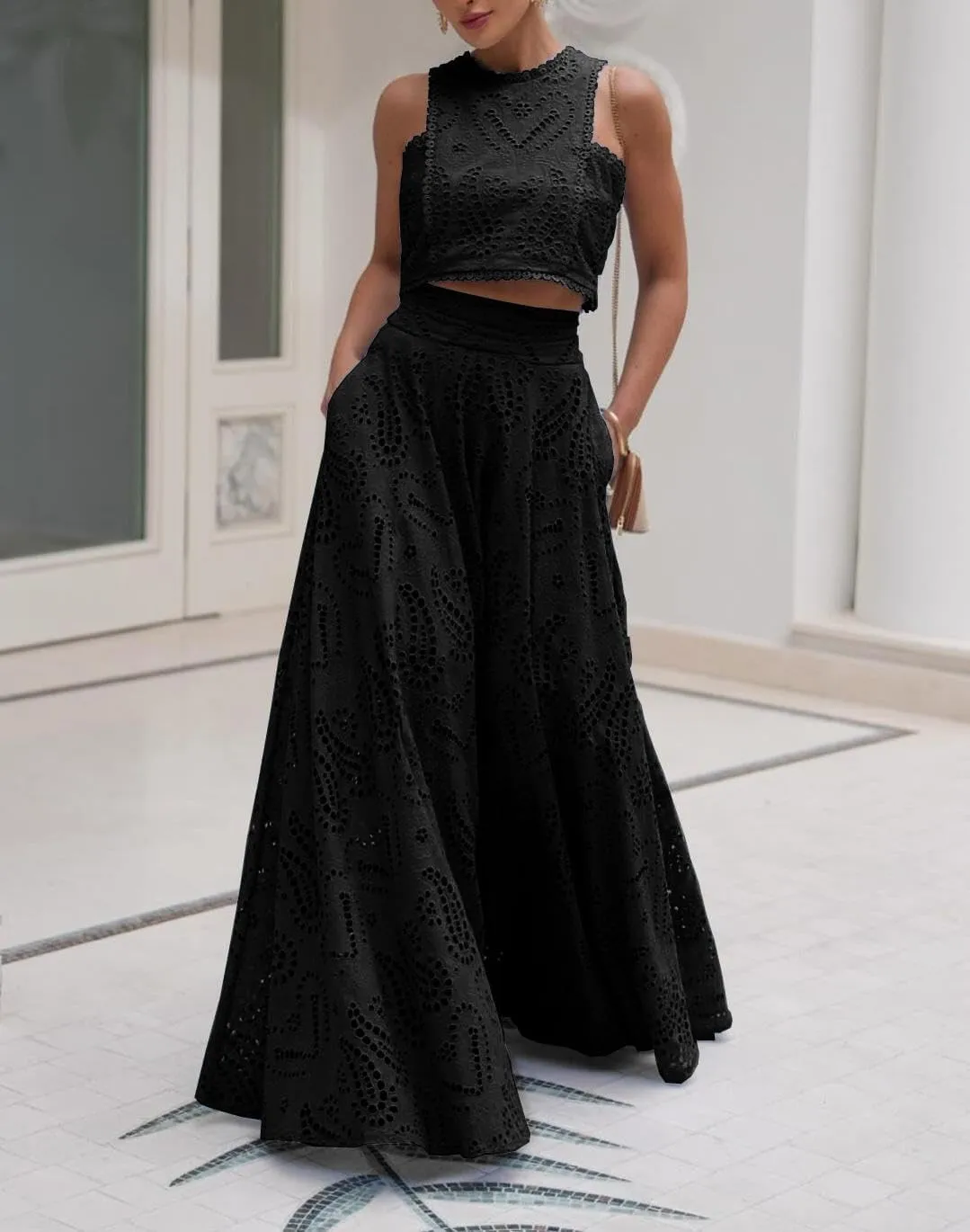 Melliflo Women's Summer 2 Piece Outfits Tank Crop Tops Long Skirt Set Sleeveless Maxi Dress with Pocket Nightclub Party Dress