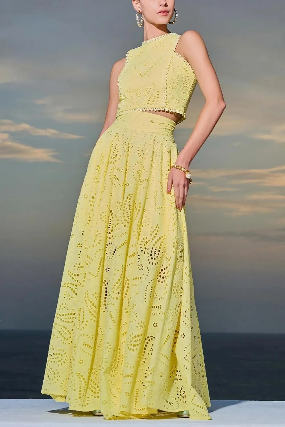 Melliflo Women's Summer 2 Piece Outfits Tank Crop Tops Long Skirt Set Sleeveless Maxi Dress with Pocket Nightclub Party Dress