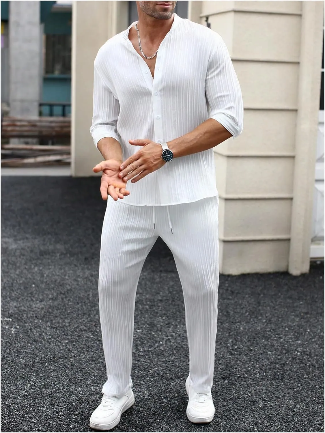 Men's 2 Piece Outfits Casual Half Sleeve Button Up Shirts and Drawstring Pocket Pants