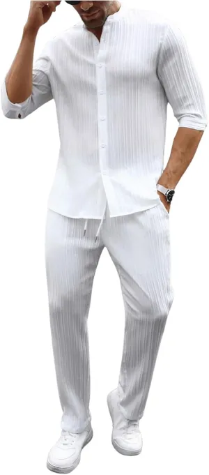Men's 2 Piece Outfits Casual Half Sleeve Button Up Shirts and Drawstring Pocket Pants