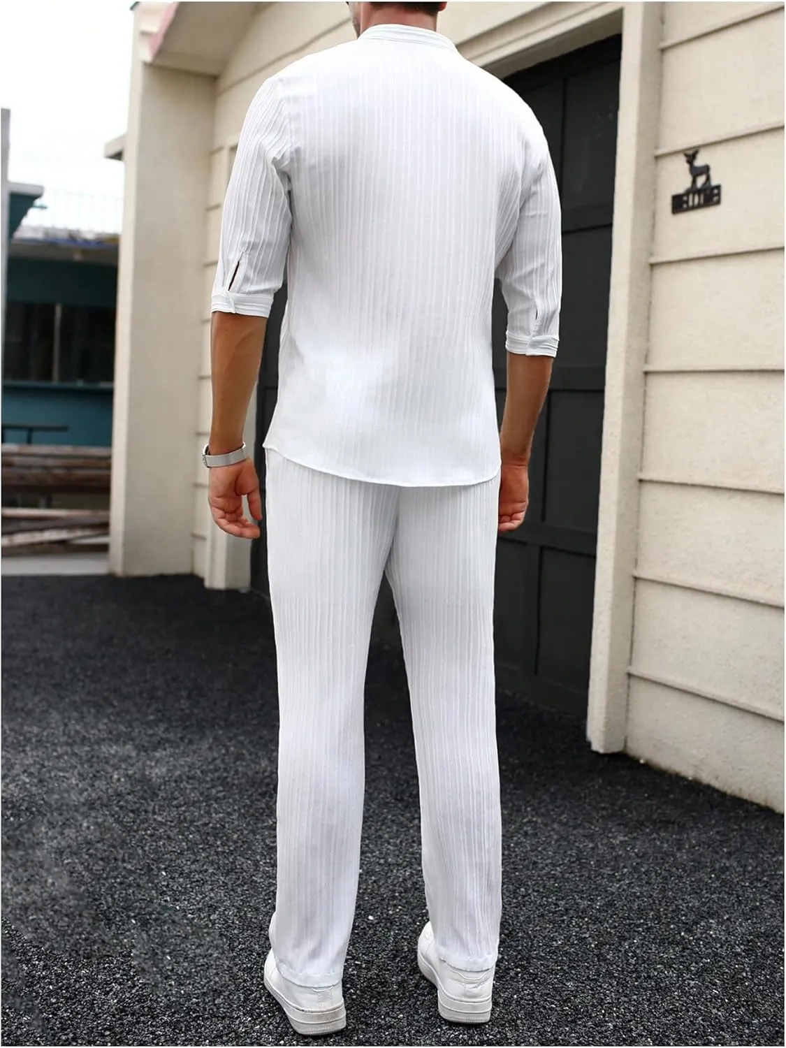 Men's 2 Piece Outfits Casual Half Sleeve Button Up Shirts and Drawstring Pocket Pants
