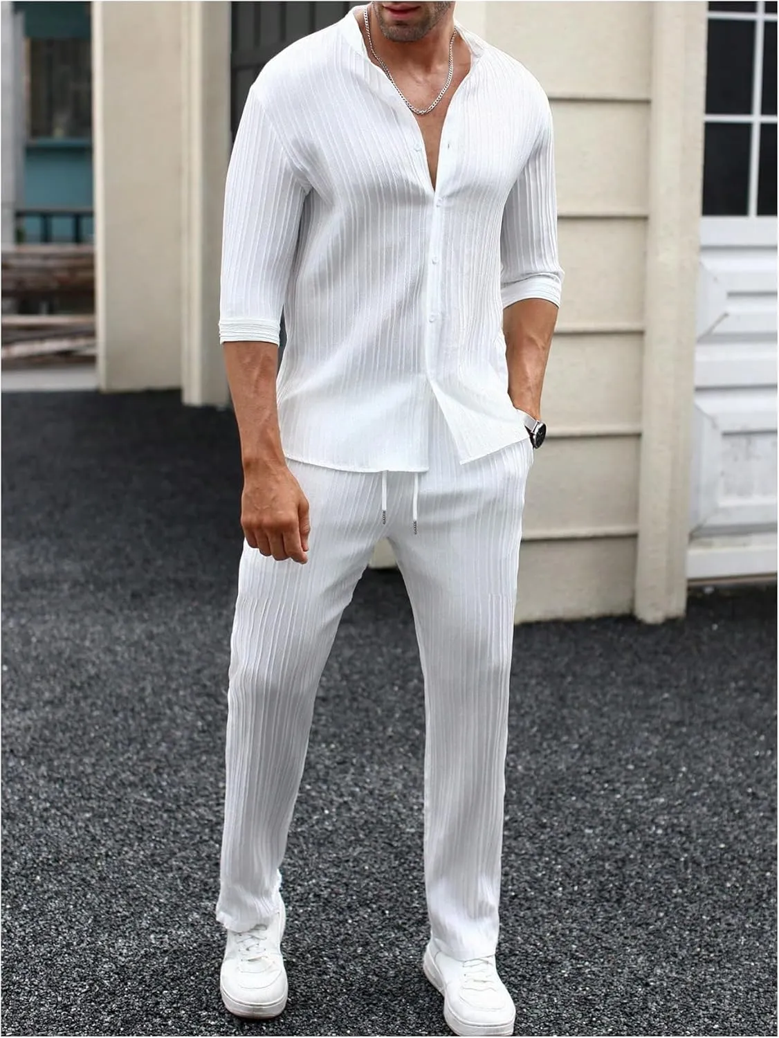 Men's 2 Piece Outfits Casual Half Sleeve Button Up Shirts and Drawstring Pocket Pants