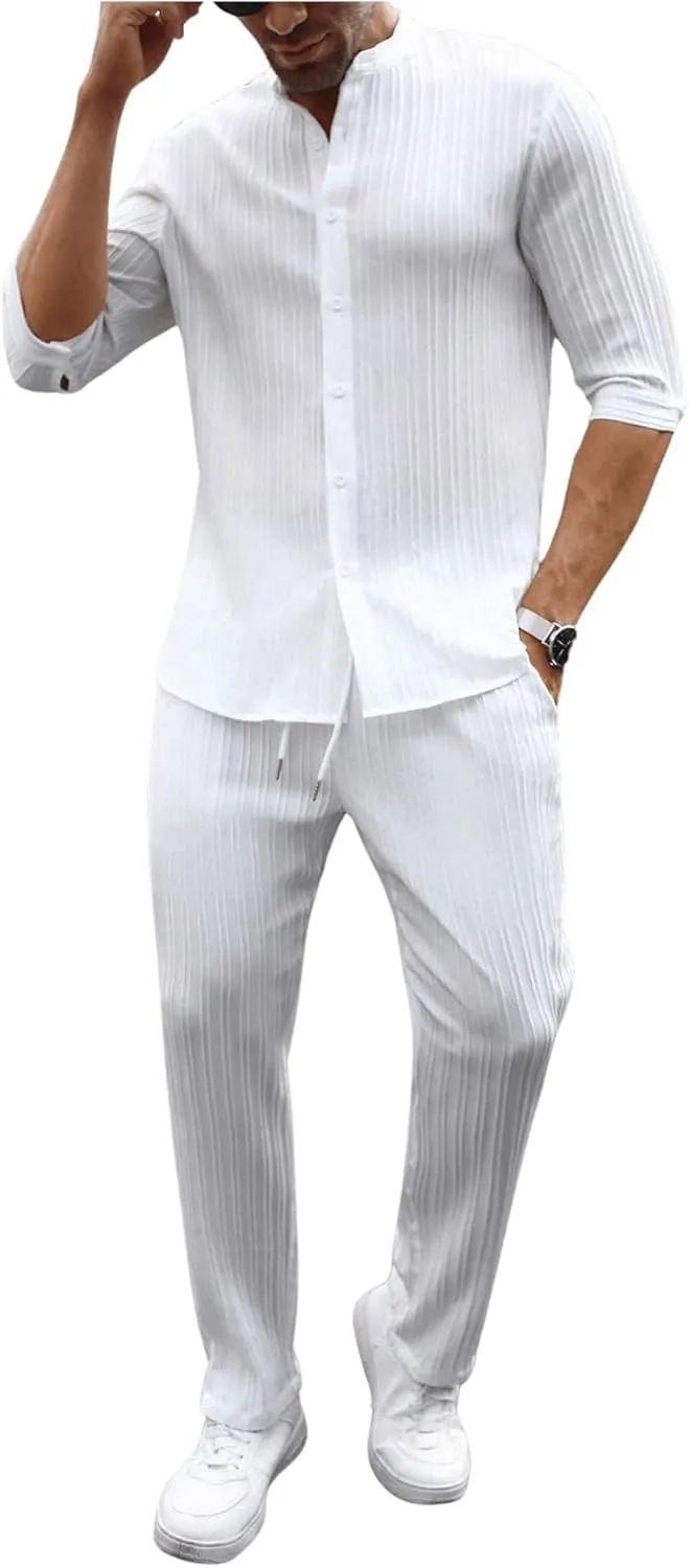 Men's 2 Piece Outfits Casual Half Sleeve Button Up Shirts and Drawstring Pocket Pants
