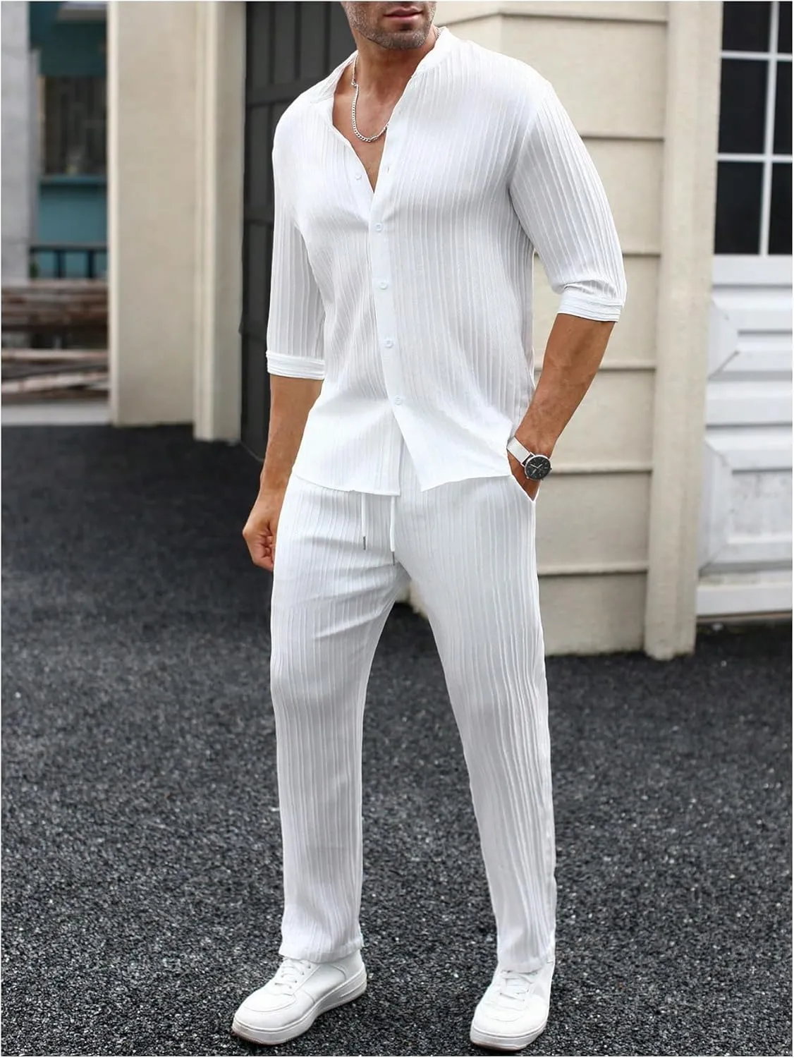 Men's 2 Piece Outfits Casual Half Sleeve Button Up Shirts and Drawstring Pocket Pants