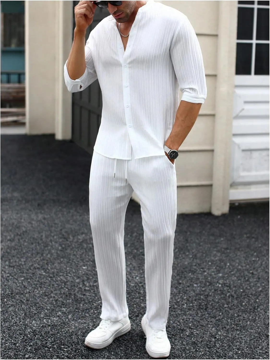 Men's 2 Piece Outfits Casual Half Sleeve Button Up Shirts and Drawstring Pocket Pants