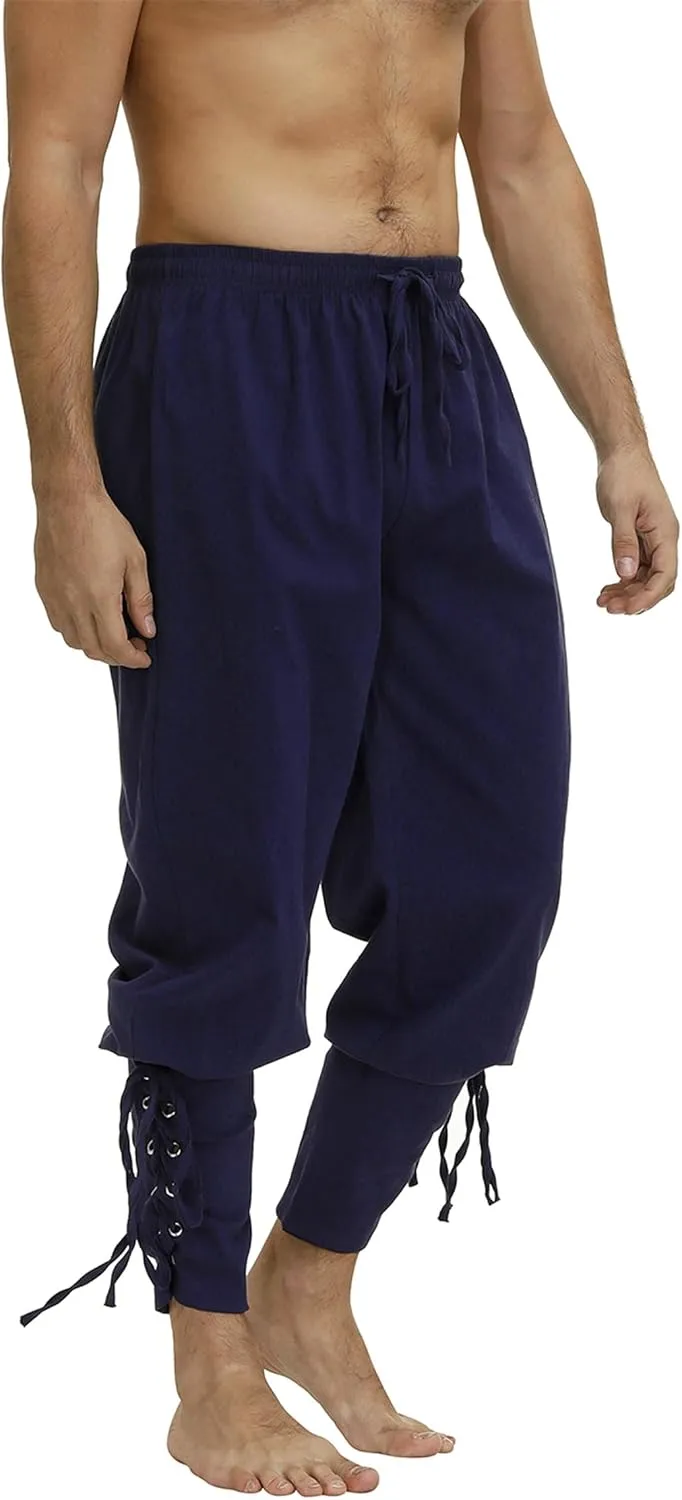 Men's Ankle Banded Cuff Renaissance Pants Medieval Viking Navigator Trousers Pirate Cosplay Costume with Drawstrings