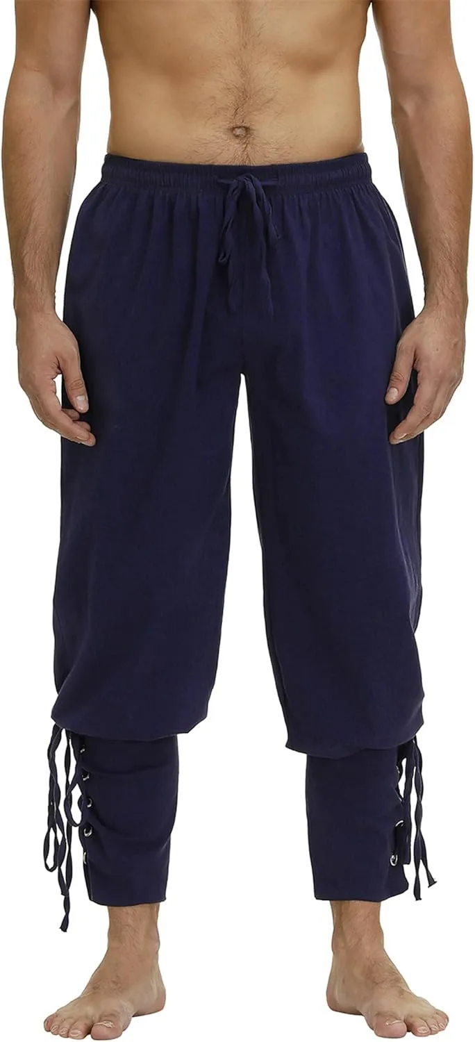 Men's Ankle Banded Cuff Renaissance Pants Medieval Viking Navigator Trousers Pirate Cosplay Costume with Drawstrings