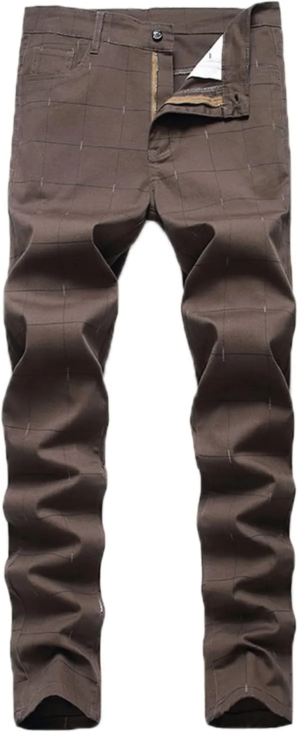 Mens Casual Plaid Chino Pants Fashion Lightweight Flat-Front Stretch Skinny Slim Fit Business Dress Pants