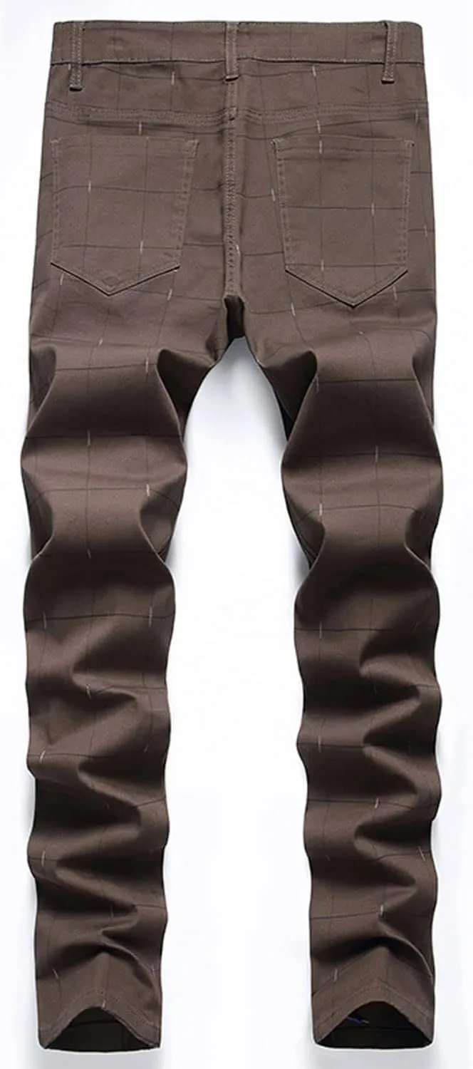 Mens Casual Plaid Chino Pants Fashion Lightweight Flat-Front Stretch Skinny Slim Fit Business Dress Pants