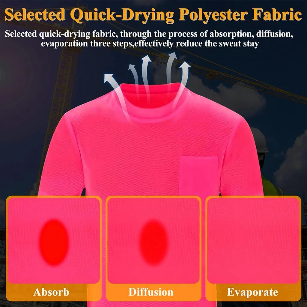 Mens High Visibility Safety Short Sleeve T-Shirt with Pocket Moisture Wicking Shirts,Multipack