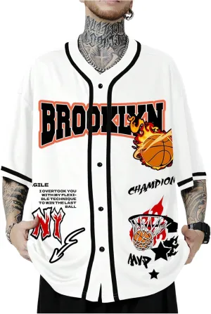 Men's Oversized Jersey Shirts Number Graphic Half Sleeve Button Down Baggy T-Shirt
