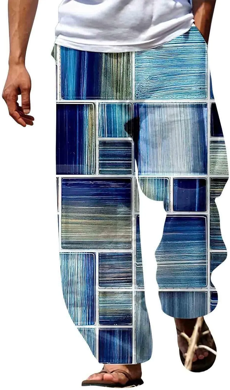 Mens Summer Cotton Linen Casual Pants Loose Fit Straight Leg Trend Printed Trousers Elastic Waist Drawstring Beach Yoga Pants