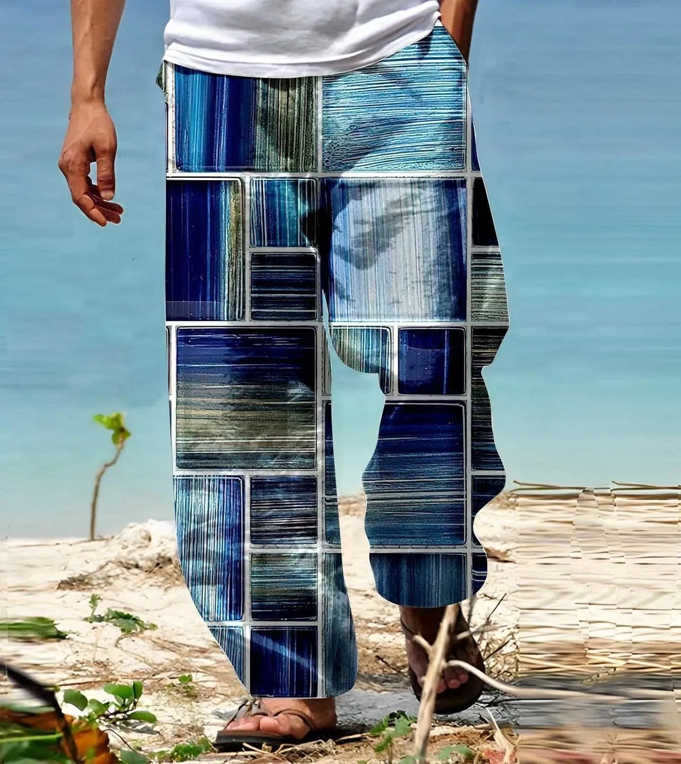 Mens Summer Cotton Linen Casual Pants Loose Fit Straight Leg Trend Printed Trousers Elastic Waist Drawstring Beach Yoga Pants