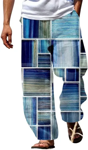 Mens Summer Cotton Linen Casual Pants Loose Fit Straight Leg Trend Printed Trousers Elastic Waist Drawstring Beach Yoga Pants